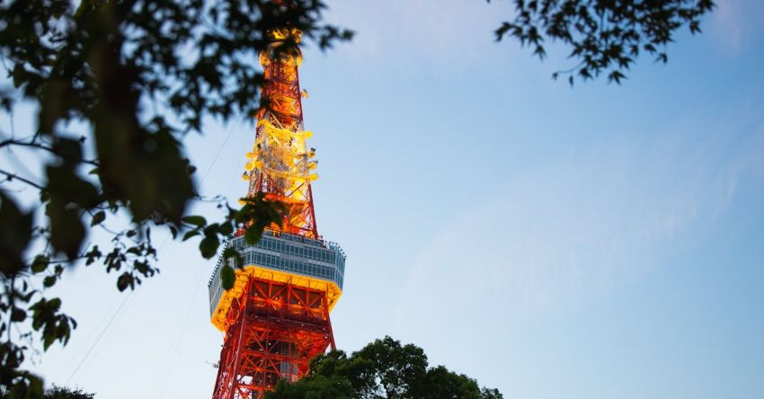 Electromagnetism - From below of colorful high metal television tower with observation deck near tree branches in Tokyo